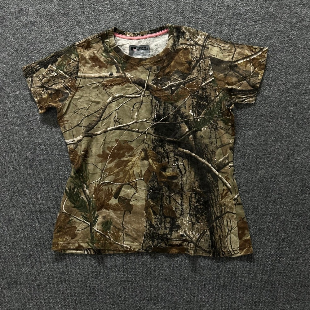 Russell Outdoors T-Shirt Womens Size L Brown RealTree Camo Cotton Short Sleeve